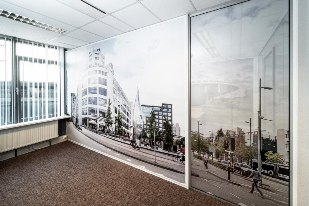 Fotobehang, skyline van eindhoven in kantoorruimte, architectuur