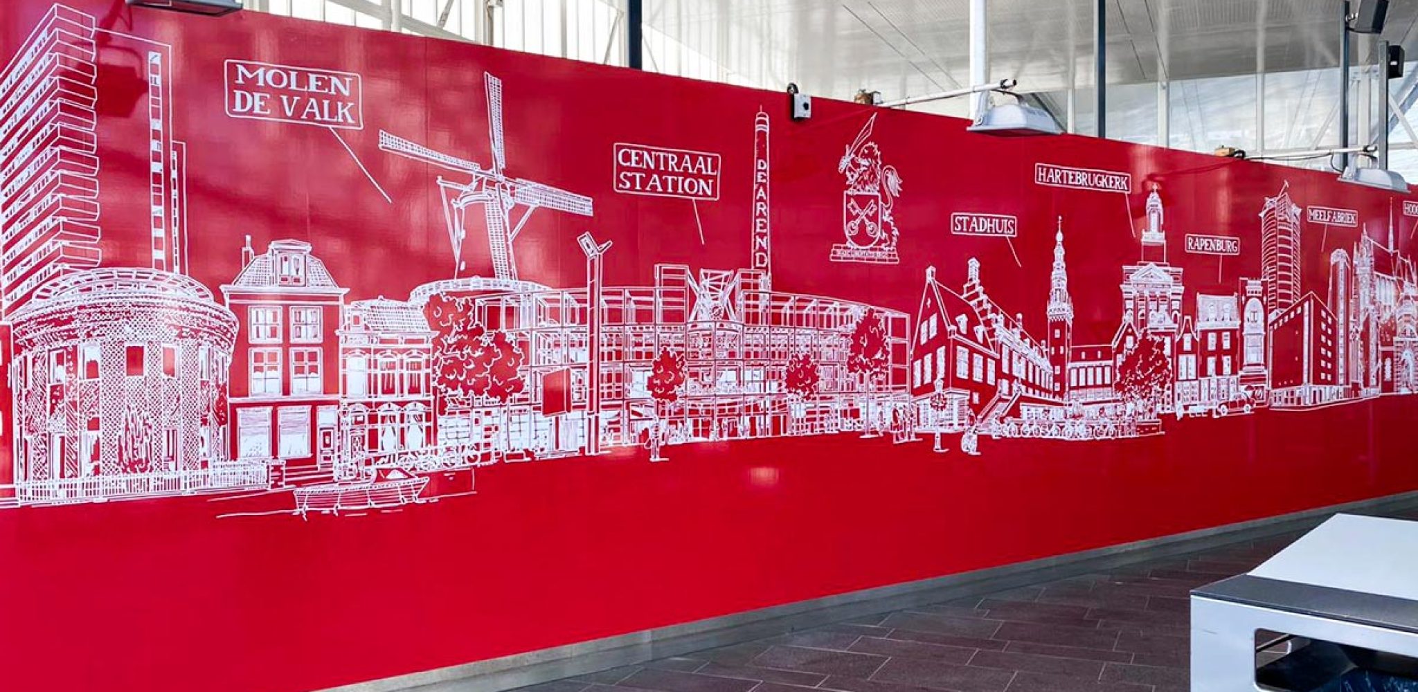 Muursticker op systeemwand, skyline in rood en wit